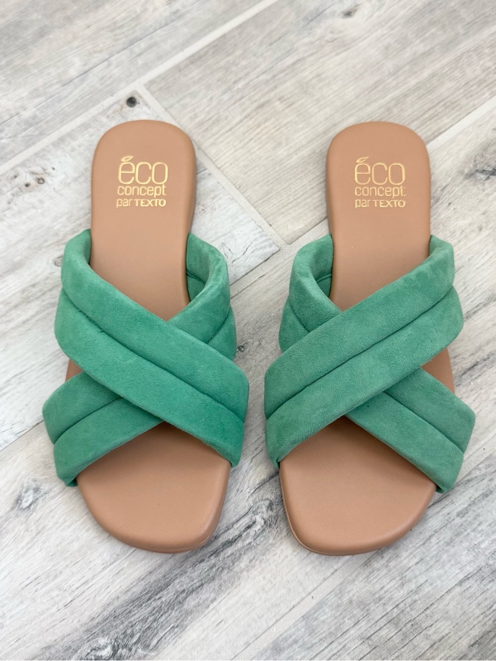 Texto Green Suede Crossover Puffy Strap Slide Sandals